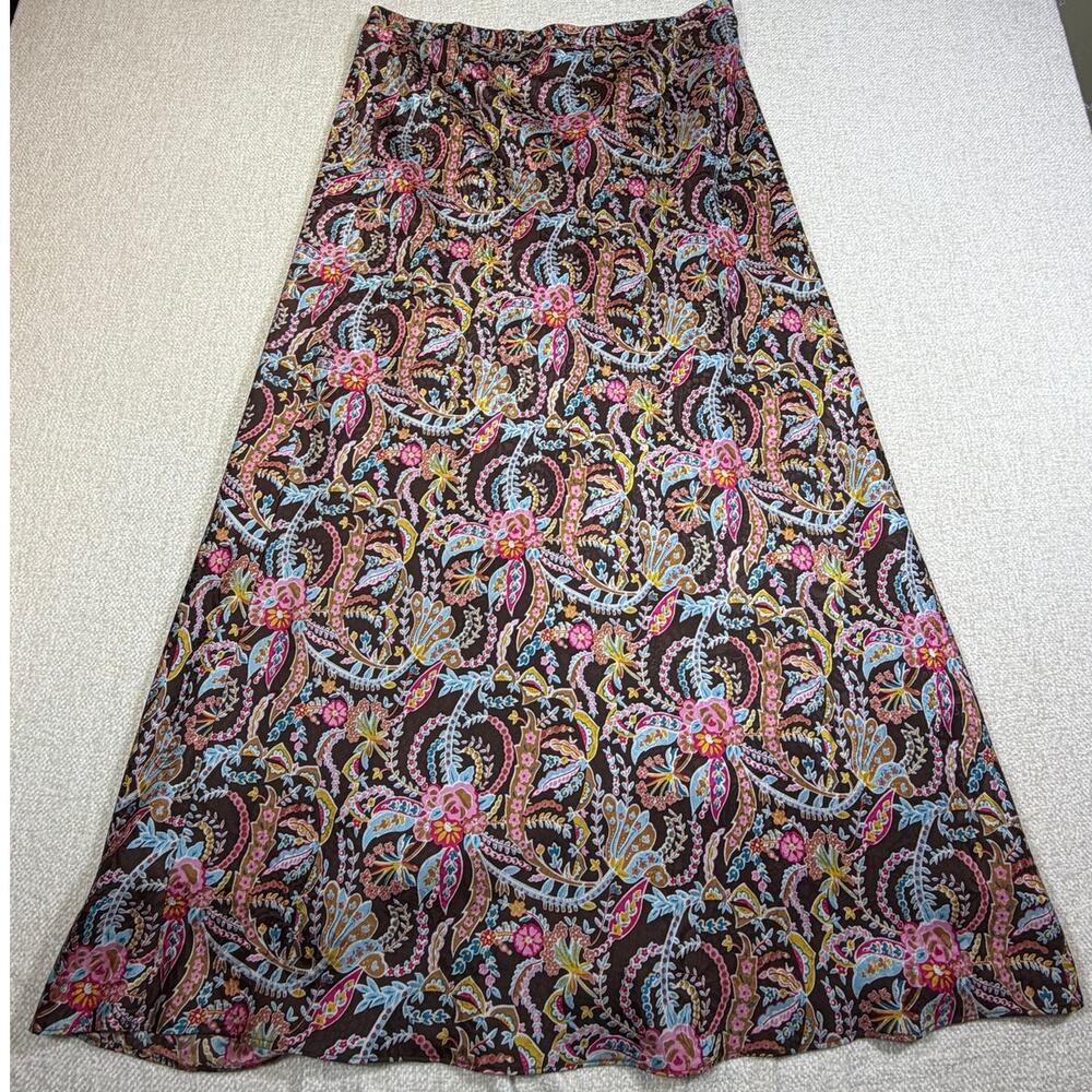 Coldwater Creek Women M Brown Pink Floral Silk Maxi Skirt Boho Cottagescore